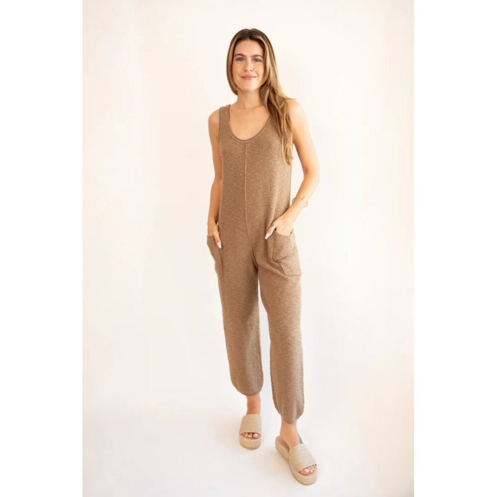 MABEL Sleeveless Pocket Knit Jumpsuit‎ in Mocha - Size Small